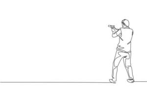 Single continuous line drawing of young athlete man shooter holding gun and training to aim target tactical shooting. Shooting sport training concept. Trendy one line draw design vector illustration