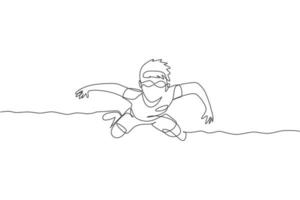 One single line drawing of young boy practice floating in swimming pool wearing goggle glasses graphic vector illustration. Summer holidays and vacation concept. Modern continuous line draw design