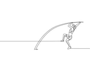 One continuous line drawing of young sporty man practicing to stance pole vault jump at field. Healthy athletic sport concept. Championship event. Dynamic single line draw design vector illustration