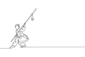 Single continuous line drawing of young woman wushu fighter, kung fu master in uniform training with spear at dojo center. Fighting contest concept. Trendy one line draw design vector illustration