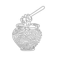 Continuous one line drawing glass pot full of honey and wooden honey dipper. Healthy food supplement for human body. Swirl curl style. Single line draw design vector graphic illustration