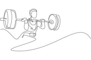 One single line drawing of fit young athlete muscular man lifting barbells working out at a gym vector illustration. Weightlifter preparing for training concept. Modern continuous line draw design