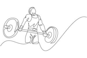 Single continuous line drawing of young strong weightlifter man preparing for barbell workout in gym. Weight lifting training concept. Trendy one line draw graphic design vector illustration