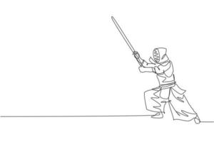 Single continuous line drawing of young sportive man practicing kendo defense martial art skill on gym sport center. Fighting sport concept. Trendy one line draw design vector graphic illustration