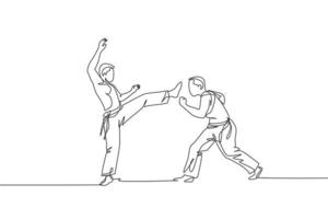 One single line drawing of two young energetic man capoeira dancers perform dancing fight vector illustration. Traditional martial art lifestyle sport concept. Modern continuous line draw design