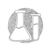 cristalería de laboratorio de química de dibujo continuo de una línea. tubo de laboratorio graduado, vaso de precipitados, matraz. equipo para prueba química. estilo de fondo de círculo de rizo de remolino. gráfico vectorial de diseño de dibujo de una sola línea vector