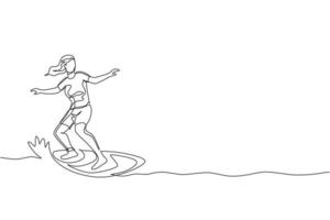 una línea continua dibujando a un joven surfista turista feliz haciendo surf en el océano ondulado. concepto de deporte acuático extremo saludable. vacaciones de verano. Ilustración gráfica de vector de diseño de dibujo de línea única dinámica