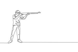 One continuous line drawing of young man on shooting training ground practice for competition with rifle shotgun. Outdoor shooting sport concept. Dynamic single line draw design vector illustration