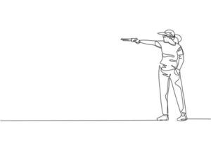 Single continuous line drawing of young athlete woman shooter holding gun and training to aim target tactical shooting. Shooting sport training concept. Trendy one line draw design vector illustration