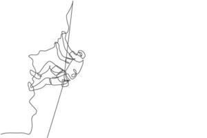 dibujo de una sola línea continua de un joven escalador musculoso escalando colgado en el agarre de la montaña. estilo de vida activo al aire libre y concepto de escalada en roca. ilustración de vector de diseño de dibujo de una línea de moda