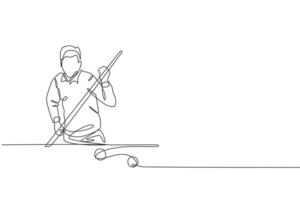 One single line drawing of young handsome man playing pool billiards at billiard room vector graphic illustration. Indoor sport recreational game concept. Modern continuous line draw design