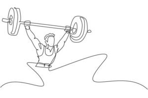 One single line drawing of fit young athlete muscular man lifting barbells working out at a gym vector illustration. Weightlifter preparing for training concept. Modern continuous line draw design