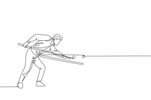 One single line drawing of young handsome man playing pool billiards at billiard room graphic vector illustration. Indoor sport recreational game concept. Modern continuous line draw design