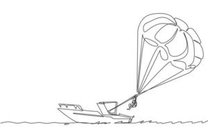 Single continuous line drawing young tourist man flying with parasailing parachute on the sky pulled by a boat. Extreme vacation holiday sport concept. One line draw design vector graphic illustration