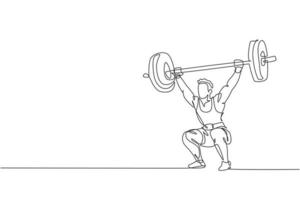 Single continuous line drawing of young strong weightlifter man preparing for barbell workout in gym. Weight lifting training concept. Trendy one line draw design vector graphic illustration