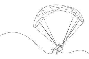 One continuous line drawing of young bravery man flying in the sky using paragliding parachute. Outdoor dangerous extreme sport concept. Dynamic single line draw graphic design vector illustration