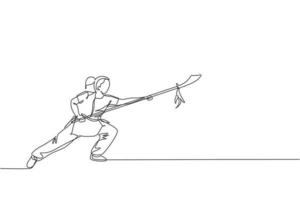 One continuous line drawing young wushu master woman, kung fu warrior in kimono with spear on training. Martial art sport contest concept. Dynamic single line draw design graphic vector illustration