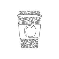 Single one line drawing hot coffee paper cup. Cold chocolate milk to crave for refreshing feeling. Swirl curl circle background style. Modern continuous line draw design graphic vector illustration