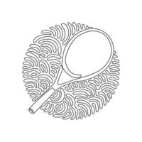 Continuous one line drawing tennis racket - tennis gear for game. Tennis court sport. Tennis as sport or hobby. Swirl curl circle background style. Single line draw design vector graphic illustration
