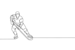 One continuous line drawing of young professional ice hockey player exercising and practicing on ice rink stadium. Healthy extreme sport concept. Dynamic single line draw design vector illustration