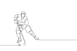 One continuous line drawing of young professional ice hockey player exercising and practicing on ice rink stadium. Healthy extreme sport concept. Dynamic single line draw design vector illustration