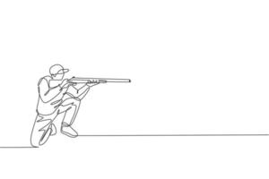 One single line drawing of young man practicing to shot target in range on shooting training ground vector graphic illustration. Clay pigeon shooting sport concept. Modern continuous line draw design