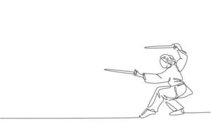 Single continuous line drawing of young woman wushu fighter, kung fu master in uniform training with swords at dojo center. Fighting contest concept. Trendy one line draw design vector illustration