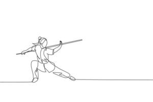 dibujo de una sola línea continua de una joven luchadora de wushu, maestra de kung fu en un tren uniforme con personal largo en el centro del dojo. concepto de concurso de lucha. ilustración de vector de diseño de dibujo de una línea de moda