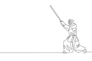 una línea continua dibujando un tren de un joven deportista que bloquea el ataque enemigo a la habilidad de kendo en el centro del dojo. concepto de deporte de arte marcial saludable. Ilustración de vector de diseño gráfico de dibujo de línea única dinámica