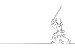 One single line drawing of young energetic man exercise kendo stance pose with wooden sword at gym center graphic vector illustration. Combative fight sport concept. Modern continuous line draw design