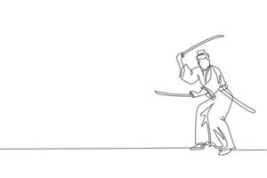 un dibujo de una sola línea de un joven guerrero samurái japonés sosteniendo una espada katana practicando en el centro del dojo ilustración vectorial gráfica. concepto de arte marcial combativo. diseño moderno de dibujo de línea continua vector