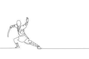 un dibujo de una sola línea de un joven y enérgico monje shaolin ejerciendo kung fu peleando con espada en la ilustración del vector del templo. antiguo concepto de deporte de artes marciales. diseño moderno de dibujo de línea continua