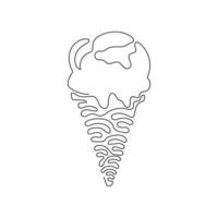 Single continuous line drawing delicious ice creams in crispy cone waffles. Tasty sweet ice-cream. Cold summer desserts. Swirl curl style. Dynamic one line draw graphic design vector illustration