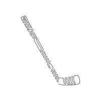 Single one line drawing ice hockey stick. Hockey puck stick, sport ice, game equipment, goal or competition, leisure activity. Swirl curl style. Continuous line draw design graphic vector illustration