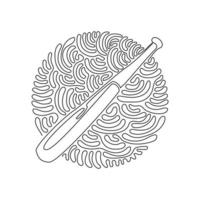 Single continuous line drawing wooden baseball bat. American sport game equipment. Realistic baseball bat. Swirl curl circle background style. Dynamic one line draw graphic design vector illustration