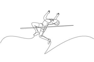 One continuous line drawing of young sporty man practicing high jump games in the field. Healthy athletic sport concept. Championship event. Dynamic single line draw design vector illustration graphic