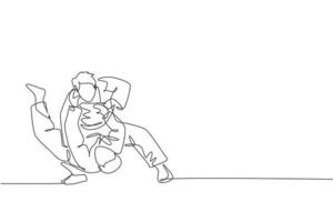 un dibujo de línea continua de dos jóvenes deportistas que se enfocan en el entrenamiento de la técnica de judo en el polideportivo. concepto de competencia deportiva de lucha de batalla de jiu jitsu. Ilustración de vector de diseño de dibujo de línea única dinámica