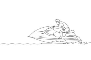 One continuous line drawing of young energetic man fun play jet skiing in the sea ocean. Healthy lifestyle sport concept. Happy tourist vacation. Dynamic single line draw design vector illustration