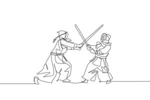Single continuous line drawing of two young sportive man practicing defense and attack for kendo martial art skill on gym sport center. Fighting sport concept. One line draw design vector illustration