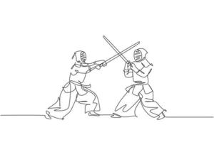 dibujo de una sola línea continua de jóvenes deportistas que practican la habilidad de arte marcial kendo en el centro deportivo del gimnasio. sparring. concepto de deporte de lucha. ilustración de vector de diseño de dibujo de una línea de moda