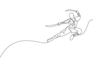 Single continuous line drawing of young muscular shaolin monk man holding sword and train jumping kick at temple. Traditional Chinese kung fu fight concept. One line draw design vector illustration