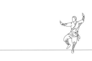 One single line drawing young energetic shaolin monk man exercise kung fu fighting at temple vector graphic illustration. Ancient Chinese martial art sport concept. Modern continuous line draw design