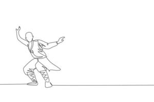 Single continuous line drawing young muscular shaolin monk man train martial art at shaolin temple. Traditional Chinese kung fu fight concept. Trendy one line draw design graphic vector illustration