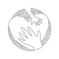 Single continuous line drawing hand touching heart, shape template. Hand touch heart for protect nature symbol. Swirl curl circle background style. Dynamic one line graphic design vector illustration