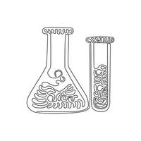 cristalería de laboratorio de química de dibujo continuo de una línea. tubo de laboratorio graduado, vaso de precipitados y matraz. equipo para prueba química. estilo de rizo de remolino. ilustración gráfica de vector de diseño de dibujo de una sola línea