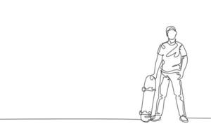 One single line drawing of young skateboarder man holding skateboard and pose in city street vector illustration. Teen lifestyle and extreme outdoor sport concept. Modern continuous line draw design