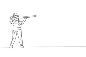 One continuous line drawing of young woman on shooting training ground practice for competition with rifle shotgun. Outdoor shooting sport concept. Dynamic single line draw design vector illustration