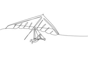 un dibujo de una sola línea de un joven deportista volando con paracaídas de ala delta en la ilustración gráfica del vector del cielo. concepto de deporte extremo. diseño moderno de dibujo de línea continua