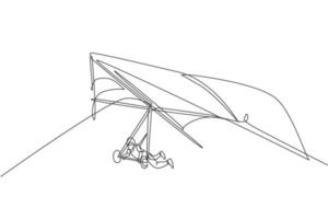 One continuous line drawing of young bravery man flying in the sky using hang gliding parachute. Outdoor dangerous extreme sport concept. Dynamic single line draw design vector illustration graphic