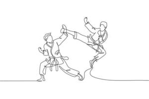 Single continuous line drawing of young confident karateka man in kimono practicing karate combat at dojo. Martial art sport training concept. Trendy one line draw design vector graphic illustration